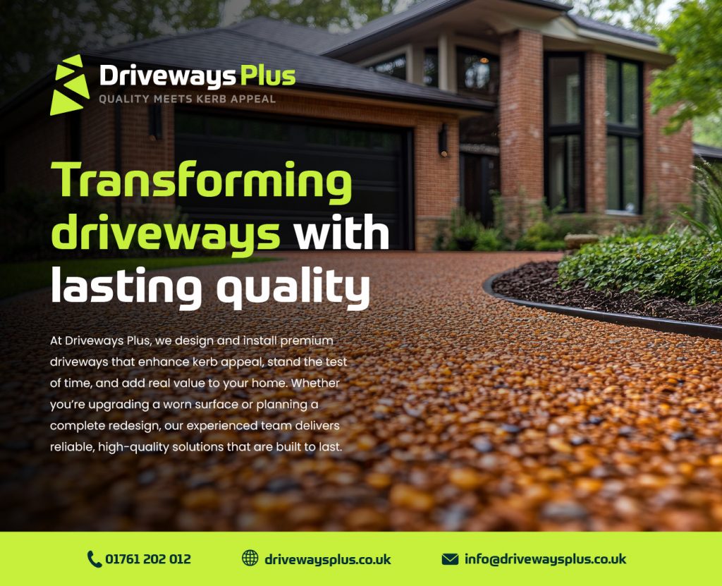 A modern house with a smooth, pebble-textured resin-bound drive in the foreground. Text promotes Driveways Plus Bristol, highlighting premium drive design, quality, and contact details in a green and black theme. | Driveways Plus
