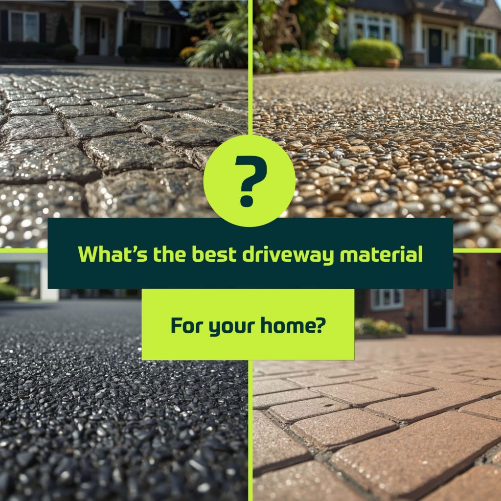 A split image showing four types of driveway materials—cobblestone, exposed aggregate, asphalt, and brick—with “What’s the best driveway material for your home?” in the centre highlights a clear driveway material comparison. | Driveways Plus