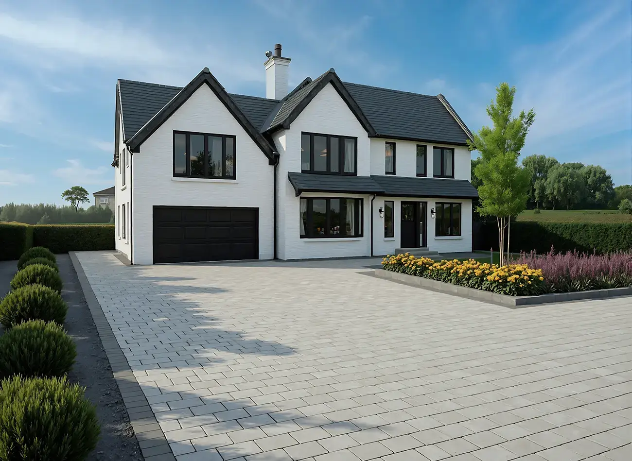 Modern two-storey white house with black roof and trim, double garage, new drive with a large paved drive, manicured bushes, flower beds, and a tree in the front garden, set against green fields and a blue sky. | Driveways Plus