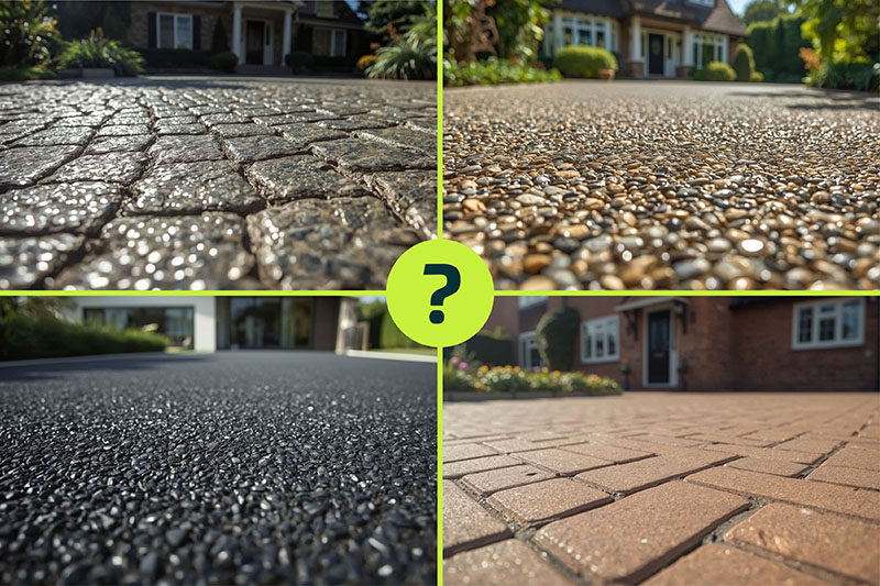 A split image shows four types of driveway surfaces: block paving, resin-bound, tarmac, and stamped concrete, separated by lines with a green circle and question mark at the centre. | Driveways Plus