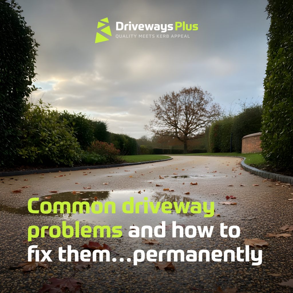 A wet drive with puddles curves past hedges and trees under a cloudy sky. "Driveways Plus" logo appears above the text: "Common drive problems—and how to fix them permanently. | Driveways Plus