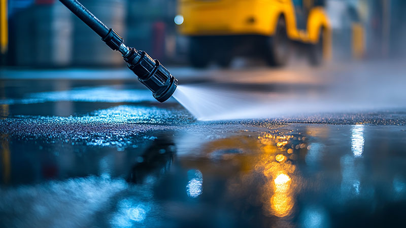Close-up of a pressure washer spraying water onto wet pavement to remove oil stains from your drive, creating shimmering reflections. In the blurred background, a yellow vehicle and industrial equipment are visible. | Driveways Plus
