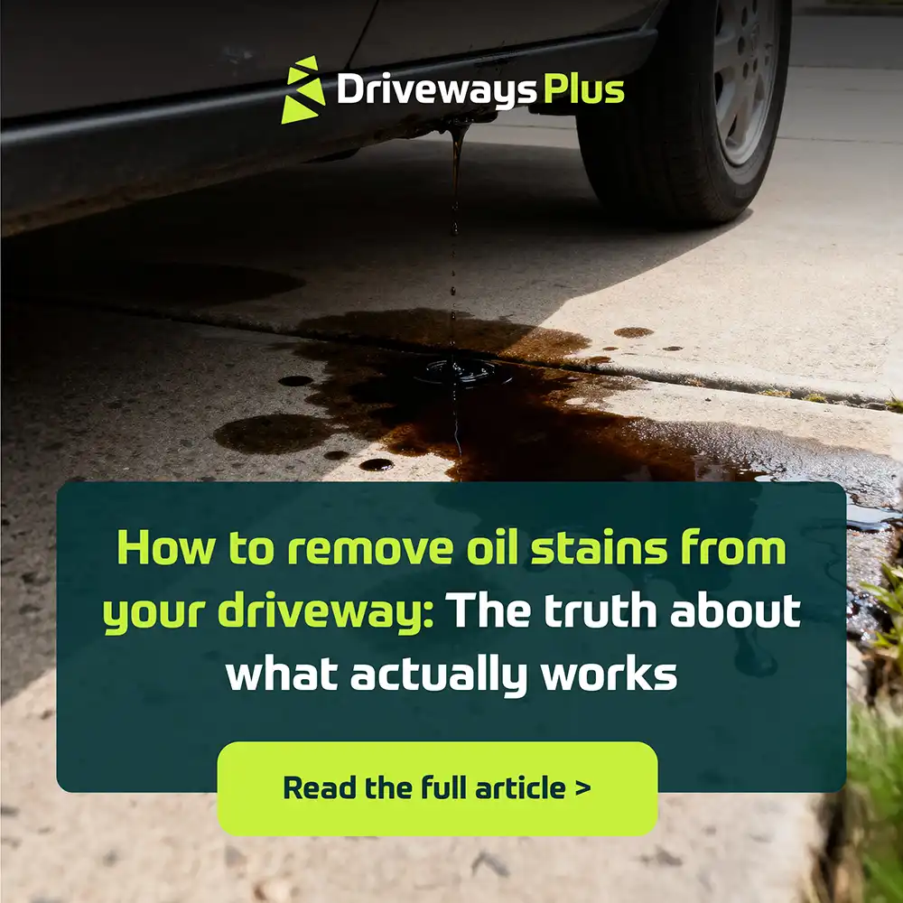 A car leaks oil onto a driveway, leaving a dark stain. Text on the image reads: "Remove oil stains from your drive: The truth about what actually works." A button below says, "Read the full article. | Driveways Plus
