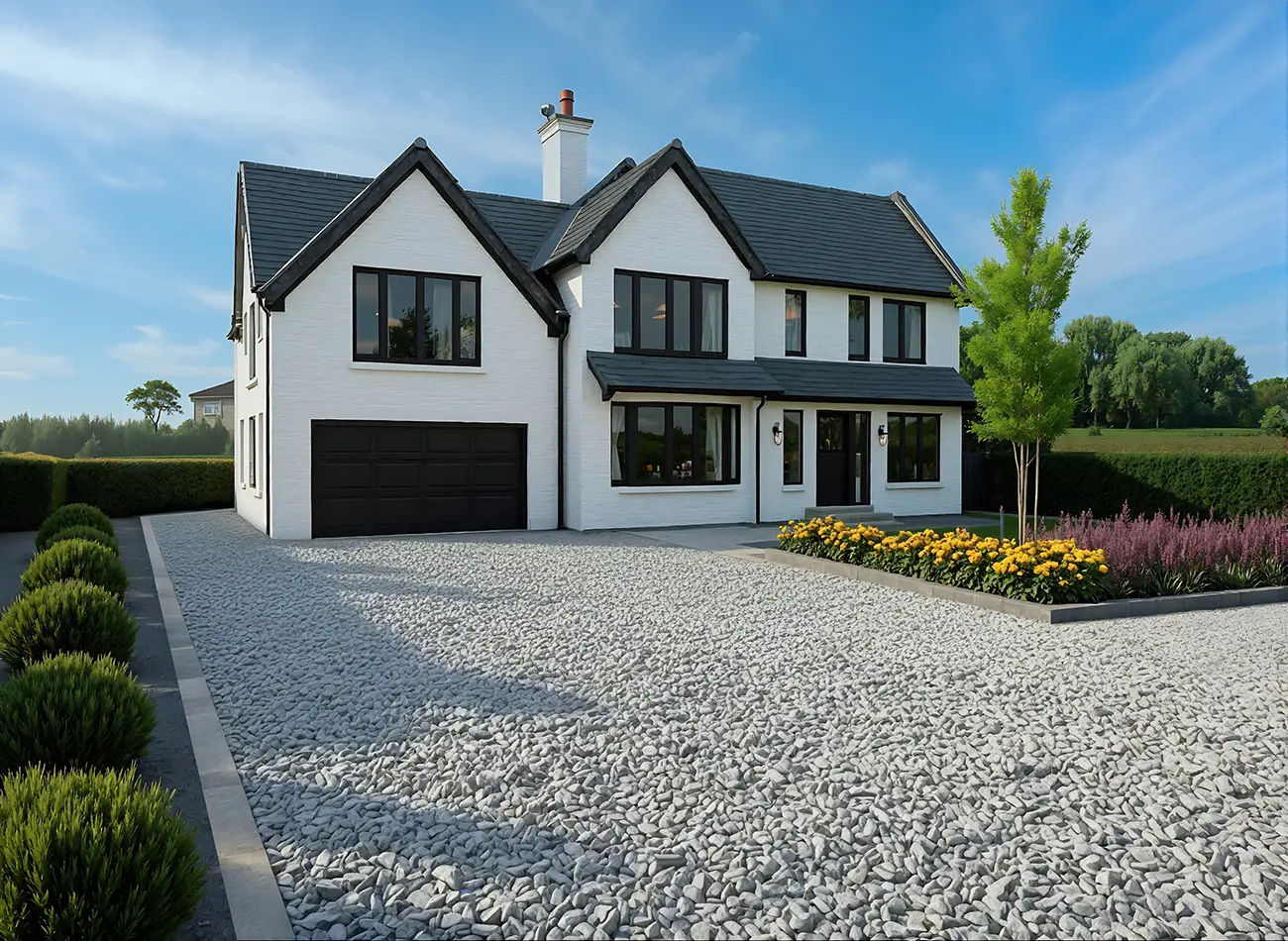 Modern two-storey white house with black-framed windows, a double garage, and a large gravel driveway expertly crafted by gravel contractors. The front garden features manicured shrubs, a flower bed with yellow flowers, and a young tree under a blue sky. | Driveways Plus