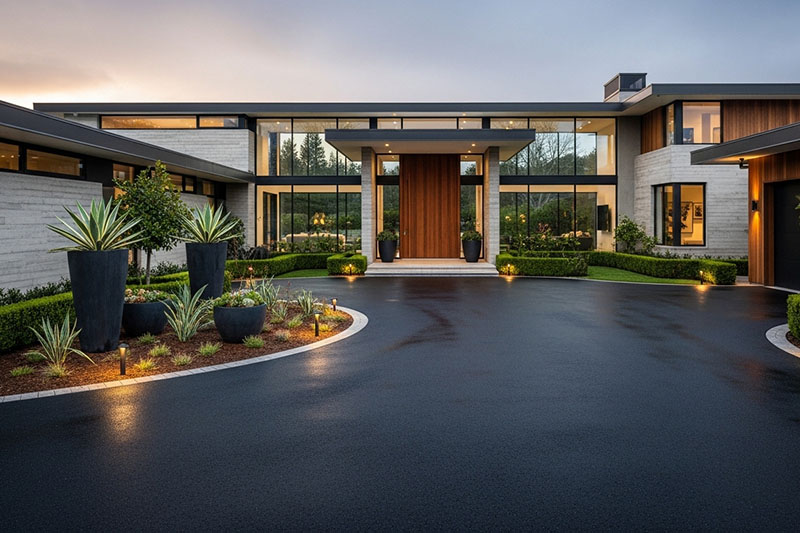 Modern house with large windows, wooden double front doors, and sleek architectural lines. A curved driveway finished with the best tarmac for driveways leads to the entrance, surrounded by manicured landscaping and outdoor lighting at dusk. | Driveways Plus