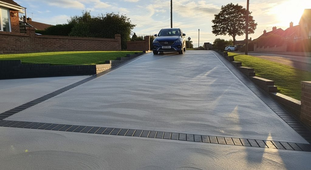 A blue car is parked near the top of a wide, freshly paved concrete drive with decorative black bricks, surrounded by green lawns, brick walls, and houses in the background at sunset—perfect for those seeking modern concrete drive designs. | Driveways Plus