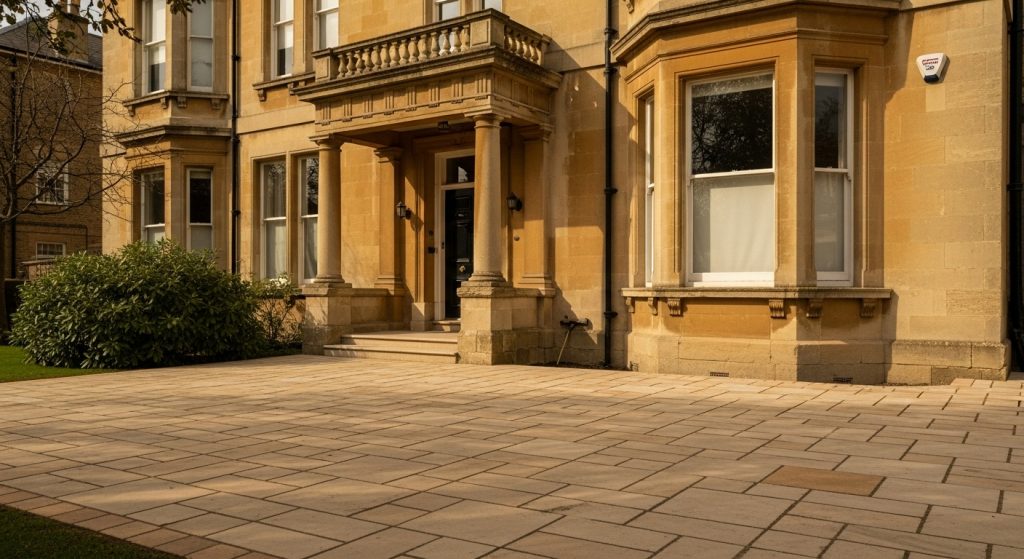 A large, elegant stone building with tall windows, a columned entrance, and a spacious walkway in front featuring stylish block paving designs. There is a bush to the left and a patch of green grass at the side. | Driveways Plus