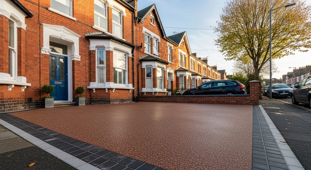 A residential street with red-brick houses, a blue front door, and a driveway paved in resin driveway colours of reddish-brown stones framed by dark and light borders. A black car is parked on the drive under a tree with autumn leaves. | Driveways Plus