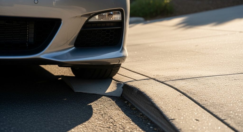 A silver car’s front wheel is parked on the edge of a kerb, partially on the pavement, highlighting the need for steep driveway solutions as sunlight casts strong shadows on the carriageway. | Driveways Plus