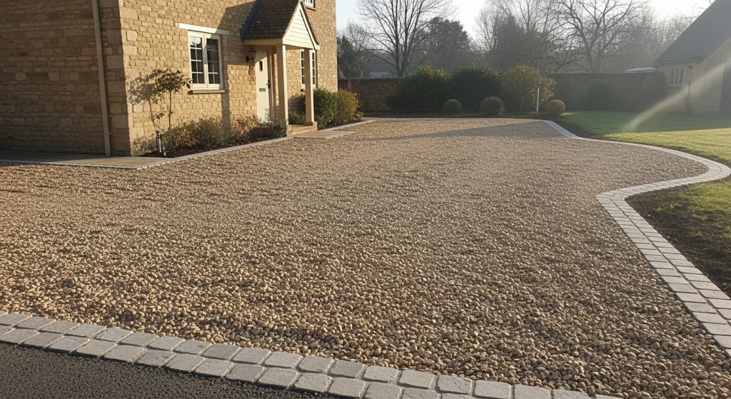 A house with a stone exterior features a large gravel drive bordered by light-coloured bricks. Showcasing attractive gravel drive options, the curved drive is complemented by a lush lawn and shrubs in the background on a sunny day. | Driveways Plus