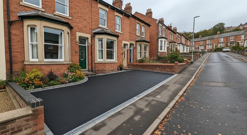 Newly laid black tarmacadam driveway in front of a red brick townhouse, featuring small garden beds and offering practical steep drive solutions on a quiet residential street sloping upward in the background. | Driveways Plus