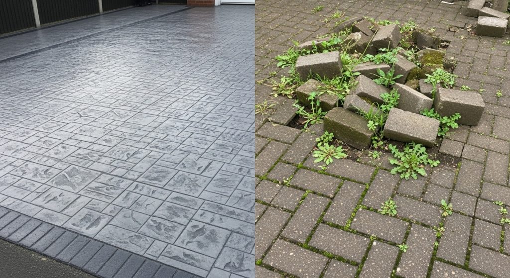 Split image: Left showcases a clean, smooth, patterned concrete drive—highlighting modern concrete drive designs. Right displays an uneven, older brick drive with displaced bricks and weeds sprouting in the gaps. | Driveways Plus
