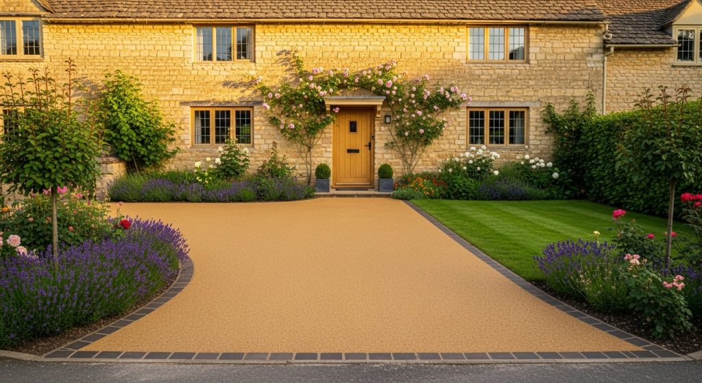 A stone house with a wooden door, surrounded by flowering plants and bushes. The drive, featuring elegant resin driveway colours, is bordered by lavender and vibrant flowerbeds, with neatly trimmed grass on one side. The scene is bright and inviting. | Driveways Plus
