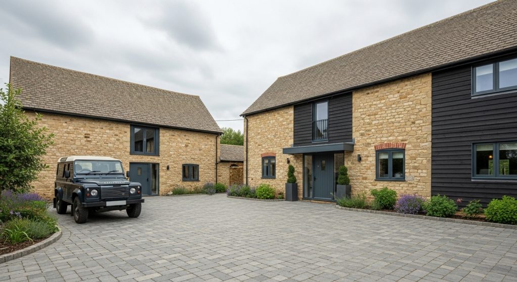 A modern farmhouse-style home with yellow brick and dark cladding features two buildings on either side of a courtyard with elegant block paving designs. A black Land Rover is parked on the left, surrounded by landscaped greenery. | Driveways Plus