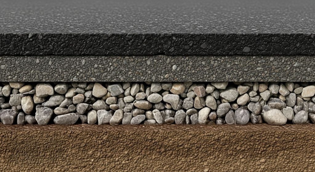 Cross-section diagram showing four horizontal layers: a black asphalt top layer, ideal for the best tarmac for driveways, a finer grey layer beneath, followed by mixed gravel, and a compacted brown soil base at the bottom. | Driveways Plus