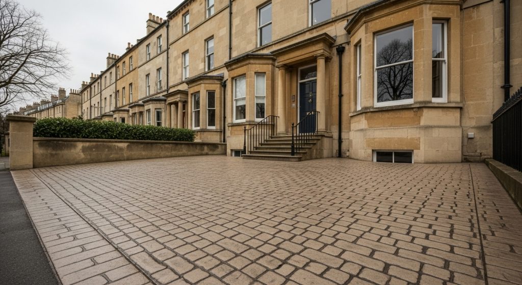 A row of historic sandstone terraced houses with large bay windows, black railings, and a wide concrete drive showcasing elegant designs stretches in front on a cloudy day. | Driveways Plus