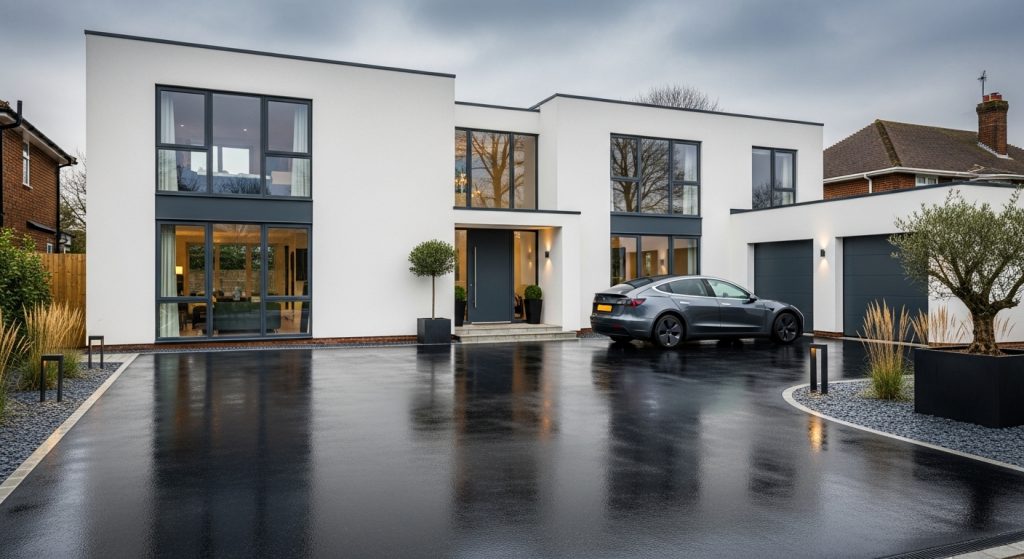 A modern two-storey house with large windows, a clean white façade, and dark trim. A sleek car is parked on the wet resin driveway, which showcases contemporary resin driveway colours amid minimalist landscaping and small trees under an overcast sky. | Driveways Plus