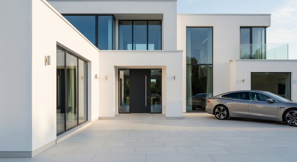 A modern, two-storey white house with large glass windows and a wide entrance door; a sleek silver car is parked on the drive, which features elegant block paving designs in front. | Driveways Plus