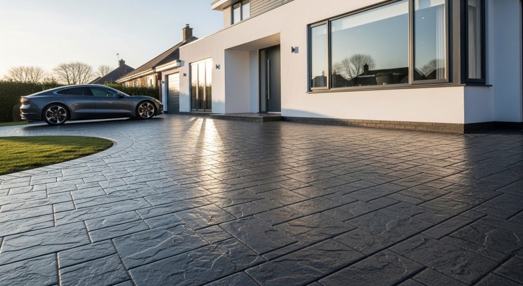 A modern house with large windows and a sleek grey car parked on a clean, textured concrete drive showcasing elegant drive designs in the early morning sunlight. | Driveways Plus