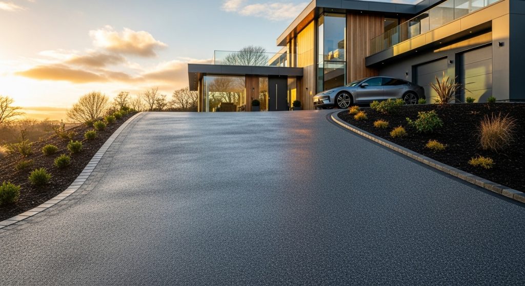 A modern house with large glass windows and wooden accents sits at the top of a sloped drive. Featuring steep drive solutions, the entrance has a silver car parked nearby and the landscaped garden includes small shrubs as the sun sets. | Driveways Plus