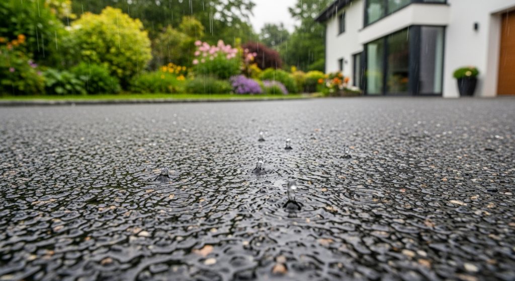 Close-up of raindrops splashing on a wet drive paved with the best tarmac for drives, set in front of a modern house with large windows, lush green garden, and colourful flowers in the background. | Driveways Plus