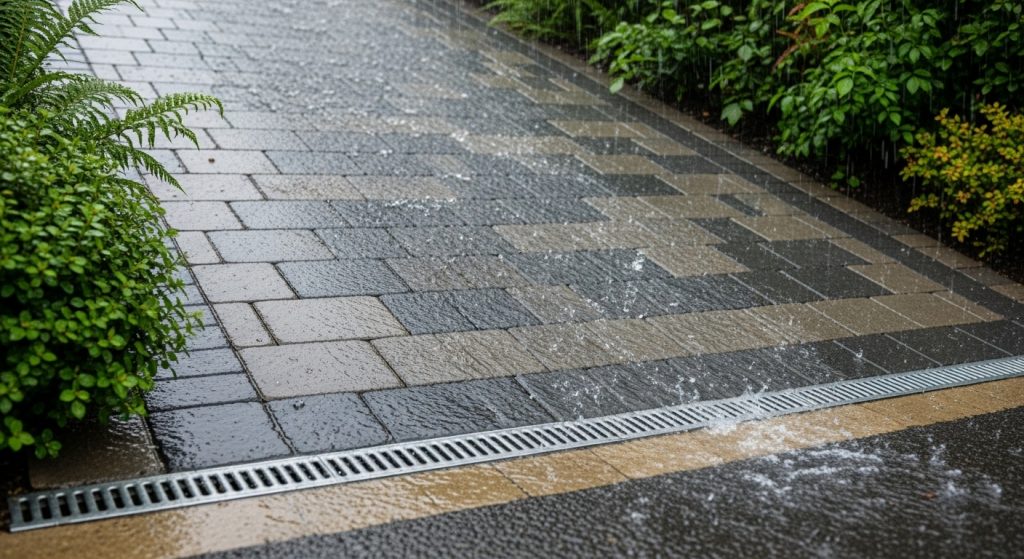 Rainwater flows over a wet, tiled path bordered by green bushes and ferns, with a metal drainage grate collecting excess water—an effective example of steep driveway solutions. | Driveways Plus
