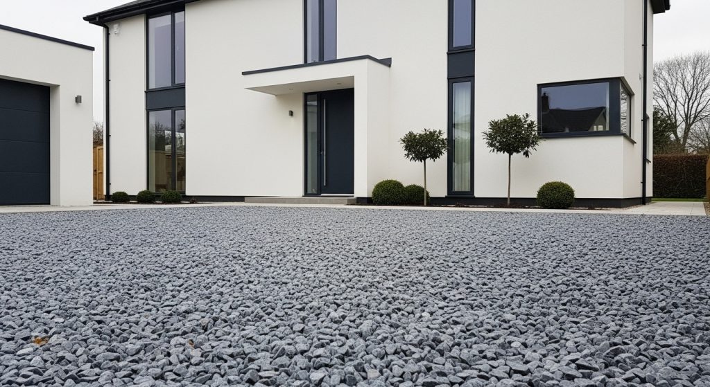 Modern white house with tall windows, a flat roof, and a minimalist entrance. The front garden highlights neat grey gravel—one of many stylish gravel driveway options—complemented by small, trimmed bushes and trees along the façade. | Driveways Plus