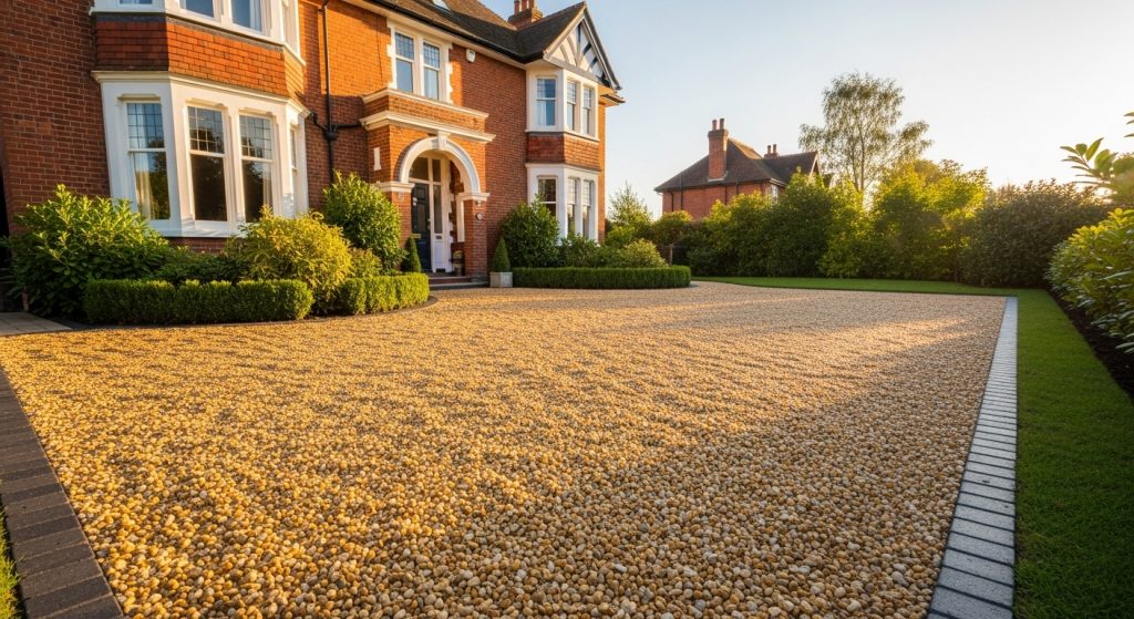 A large, elegant brick house with white trim and bay windows features a spacious gravel drive bordered by neatly trimmed hedges and a lush green lawn, showcasing one of the stylish gravel drive options on a sunny day. | Driveways Plus