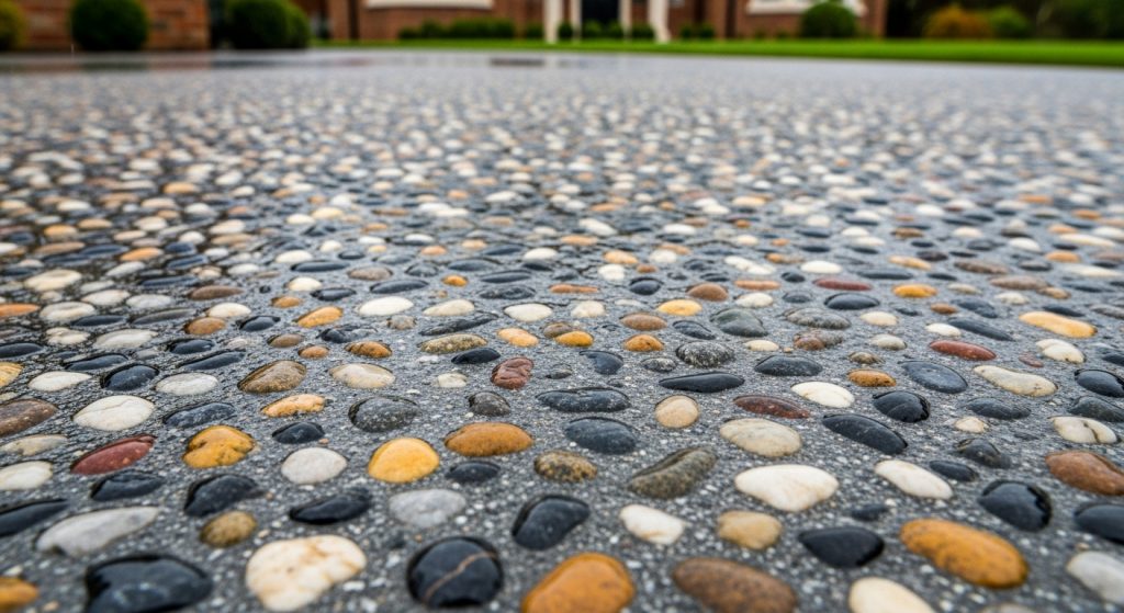 Close-up view of a wet exposed aggregate concrete surface, perfect for creative concrete driveway designs, with multicoloured stones glistening under natural light. A blurred building and greenery appear in the background. | Driveways Plus