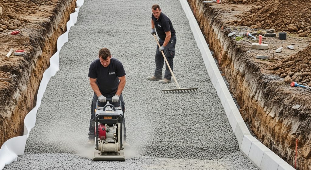 Two construction workers prepare a gravel foundation in a trench—an essential step for steep driveway solutions. One uses a plate compactor while the other smooths gravel with a rake; concrete kerbs and construction tools are visible nearby. | Driveways Plus