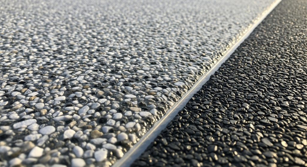 Close-up of two types of pebble-coated surfaces separated by a thin metal strip, showcasing resin driveway colours—one side with lighter grey and white pebbles, the other with dark grey and black pebbles. | Driveways Plus