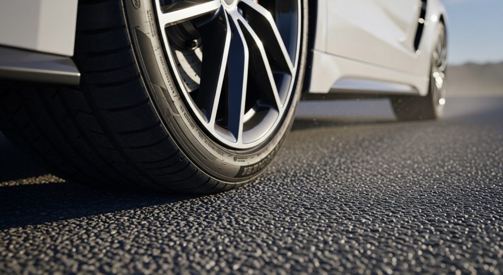 Close-up of a car’s front wheel and tyre on a textured asphalt road, with part of the white vehicle body visible and sunlight illuminating the scene—showcasing what the best tarmac for driveways can look like in bright, everyday use. | Driveways Plus