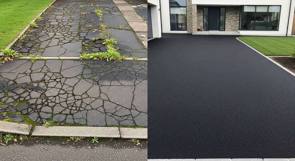 Split view shows an old, cracked drive with weeds on the left, and a newly resurfaced, smooth black drive made with the best tarmac for drives in front of a modern house on the right. | Driveways Plus