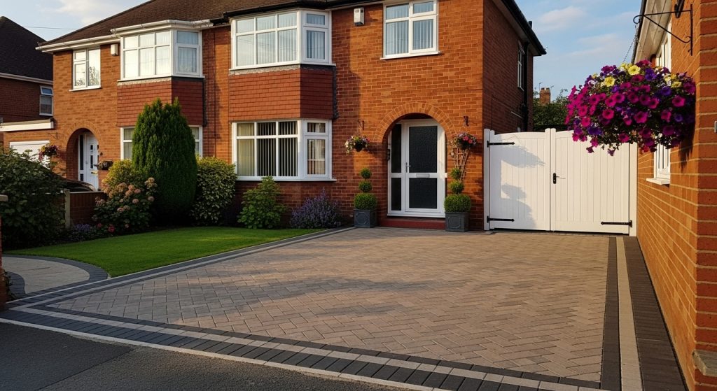 A brick semi-detached house with a large drive featuring stylish block paving designs, a green lawn, potted topiary, hanging flower baskets, and a white gate under a clear sky in a suburban neighbourhood. | Driveways Plus