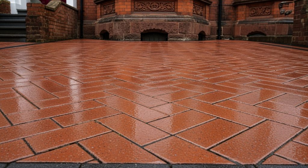 Red brick herringbone-patterned pavement, showcasing classic block paving designs, appears wet and shiny in front of a red brick building with detailed architectural features and steps on either side. | Driveways Plus