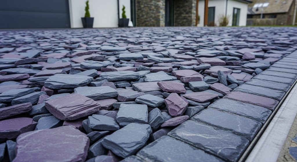 Close-up view of a gravel drive, featuring purple and grey slate stones leading to a modern house with stone and white walls, large windows, and minimal landscaping—showcasing elegant gravel drive options. | Driveways Plus