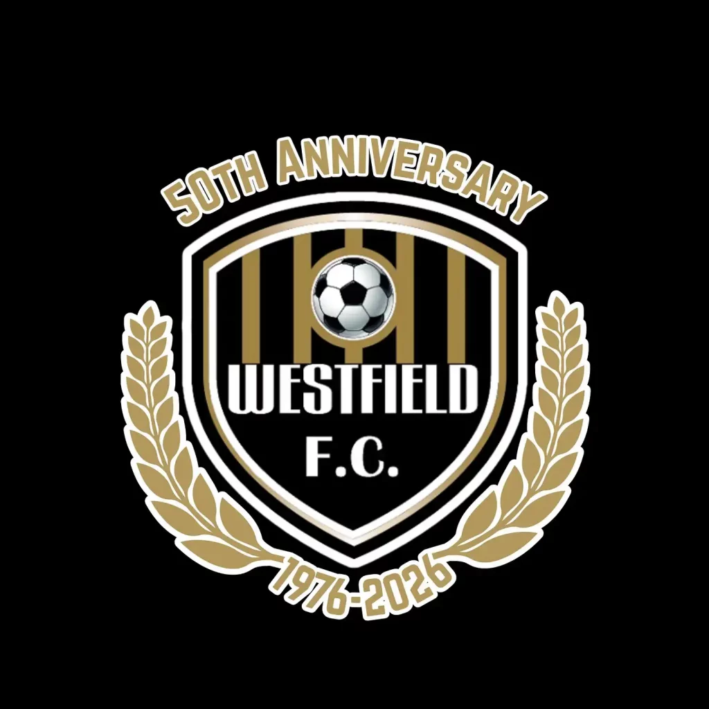 A black and gold football club crest with "Westfield FC" and a football, surrounded by gold laurel branches and text reading "50th Anniversary 1976-2026. | Driveways Plus