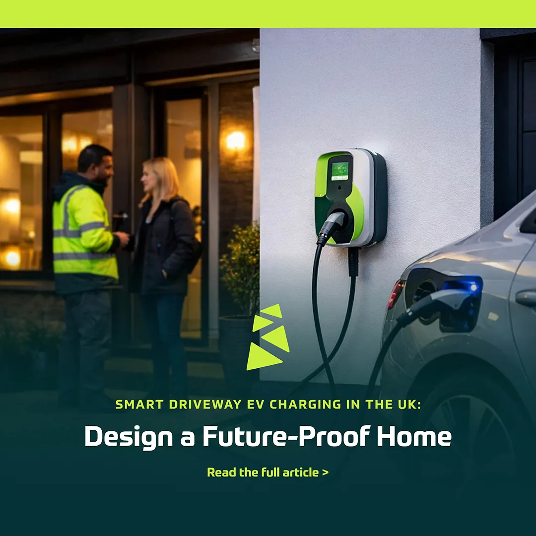 A man and woman stand outside a house near an electric car charging at a wall-mounted UK home charger. Text reads: "Smart driveway EV charging in the UK: Design a Future-Proof Home. Read the full article. | Driveways Plus