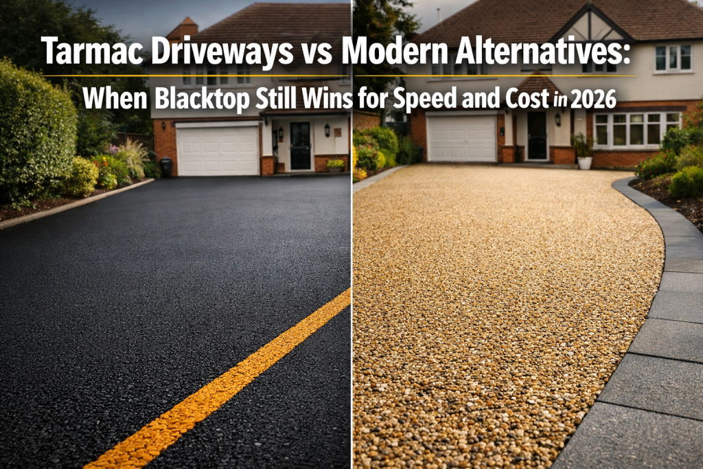 A split image of two house driveways: the left showcases a pristine tarmac with a yellow stripe, while the right displays a modern gravel driveway. Text at the top compares tarmac driveways to modern alternatives in 2026. | Driveways Plus