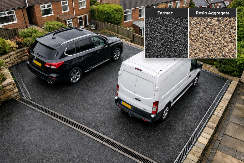 A drive with a black SUV and a white van parked. An inset shows close-up textures labelled "Tarmac" (black, rough surface), highlighting durable tarmac drives, and "Resin Aggregate" (beige, pebbled), for modern alternatives. | Driveways Plus