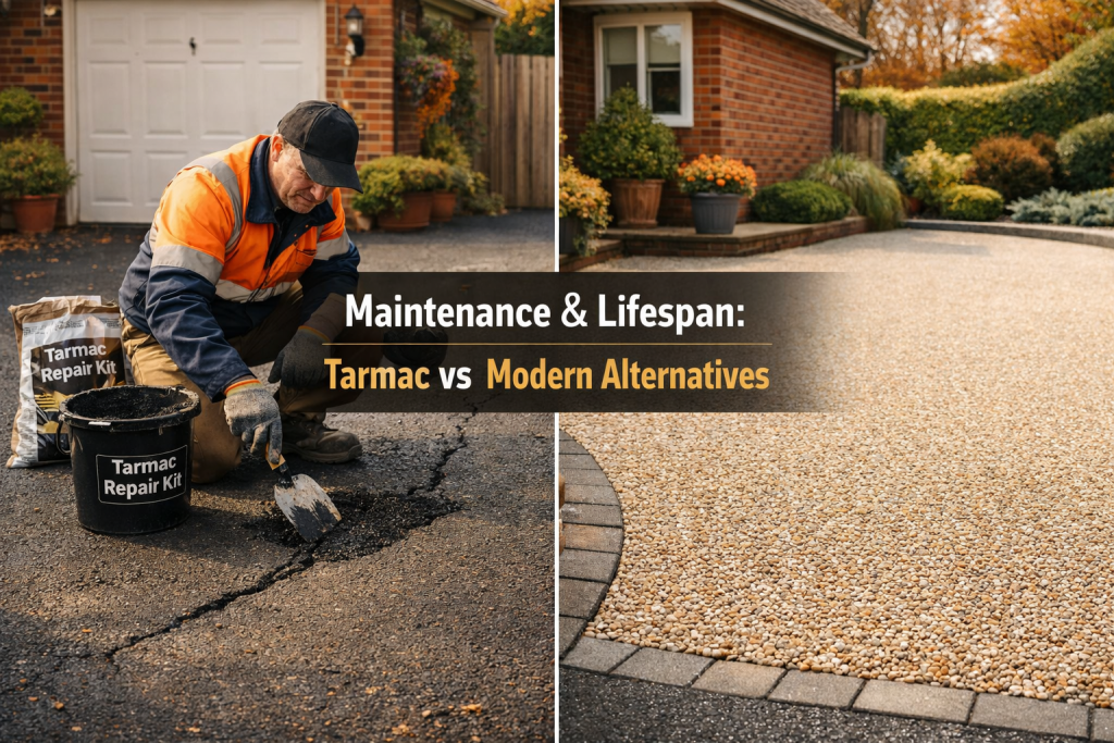 Split image showing a worker repairing cracked tarmac with a repair kit on the left, and a neat, modern gravel driveway outside a house on the right. Text reads: “Maintenance & Lifespan: Tarmac driveways vs Modern Alternatives.”. | Driveways Plus
