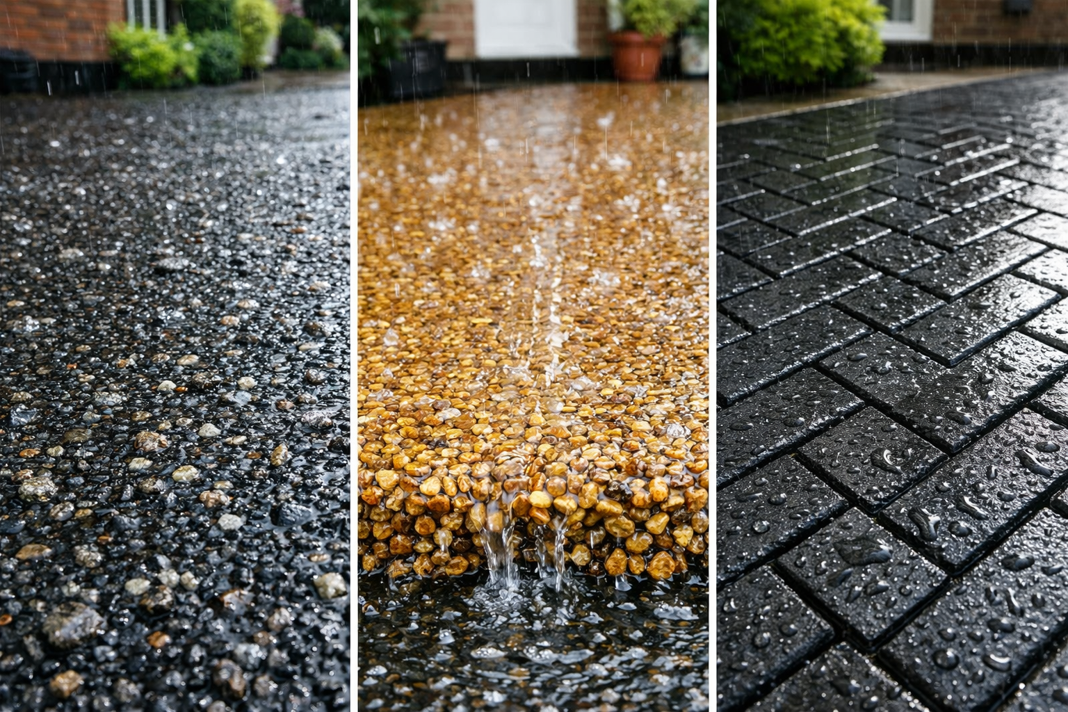 () close-up split-panel comparison image showing three driveway surface textures side by side in wet conditions: left panel