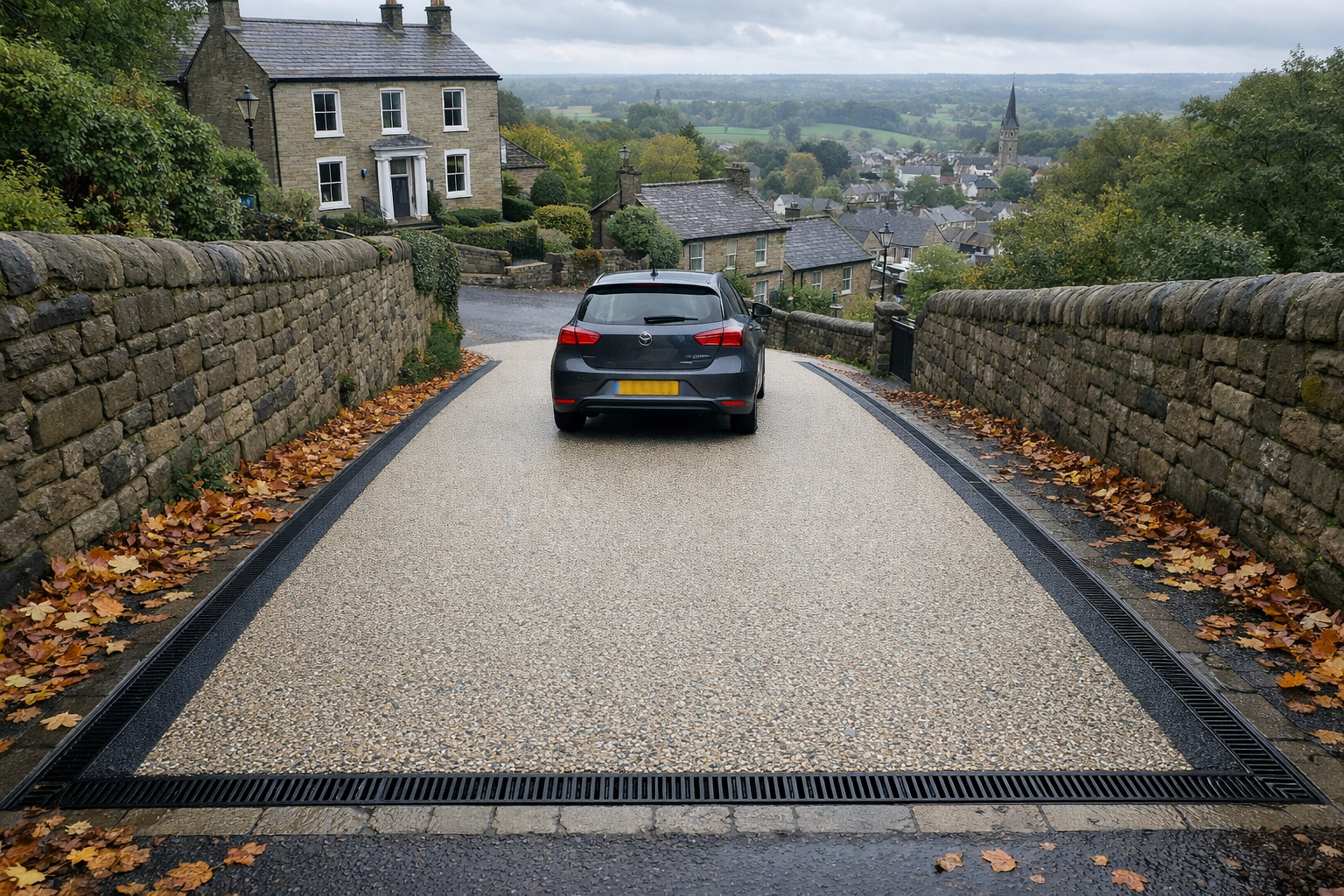 () wide-angle aerial view looking down a steep residential driveway in a British village setting, showing a car safely