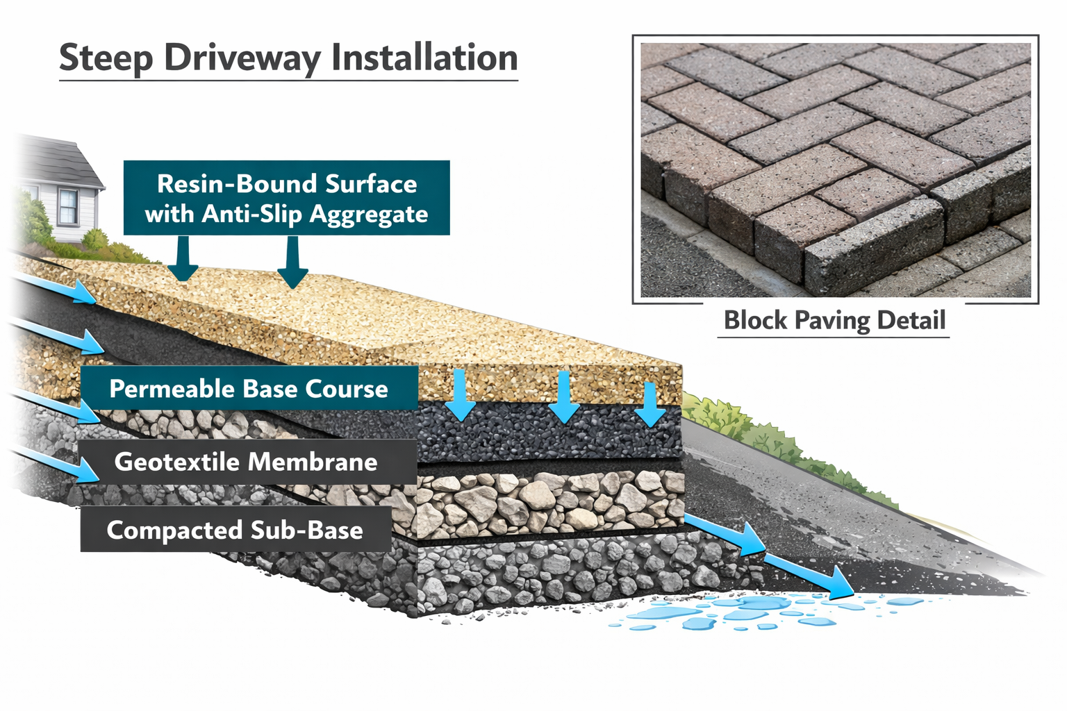 () infographic-style illustration showing a cross-section diagram of a steep driveway installation with labelled layers: