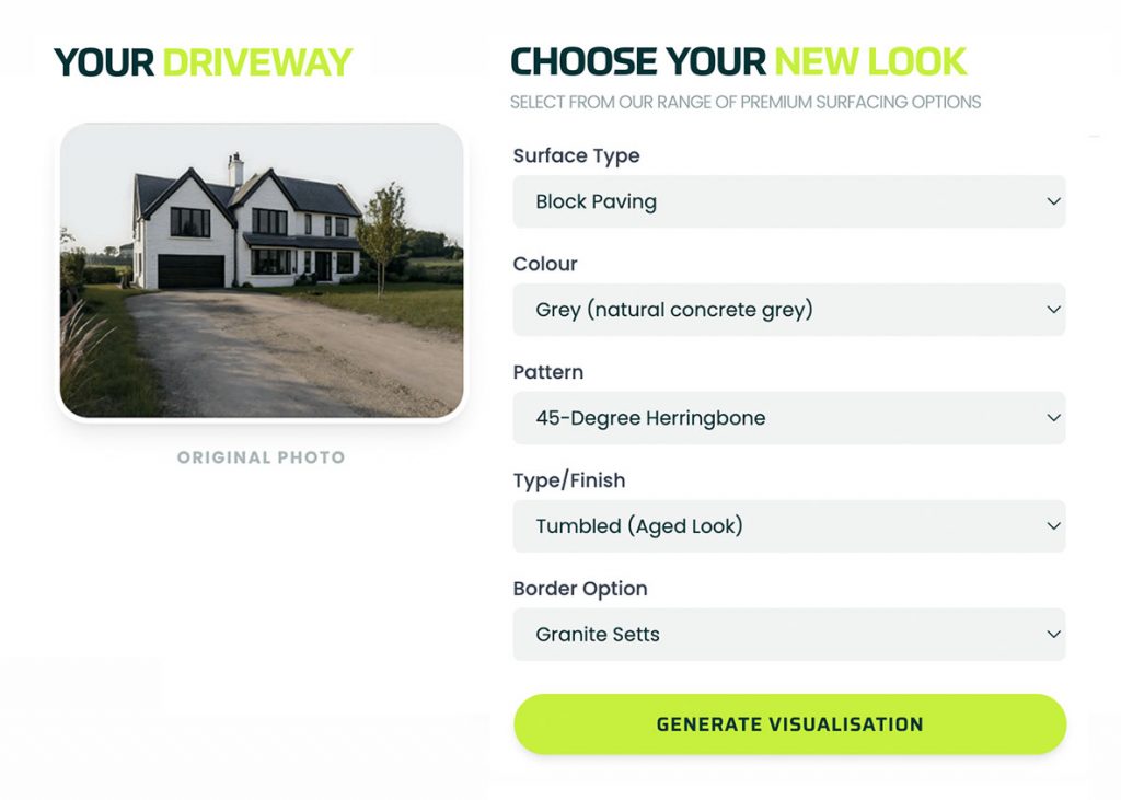 A house with a drive is shown on the left; on the right, a digital form from a local driveway company displays selected Driveway Installation options like block paving, grey colour, herringbone pattern, aged look, and granite sett border. | Driveways Plus