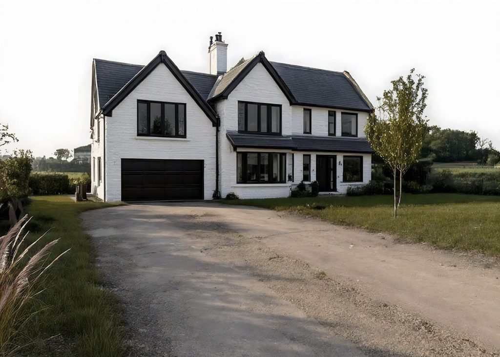 A modern two-storey white house with black trim, large windows, and a double garage features a paved drive by a local driveway company, surrounded by grass and a few young trees in a rural setting. | Driveways Plus