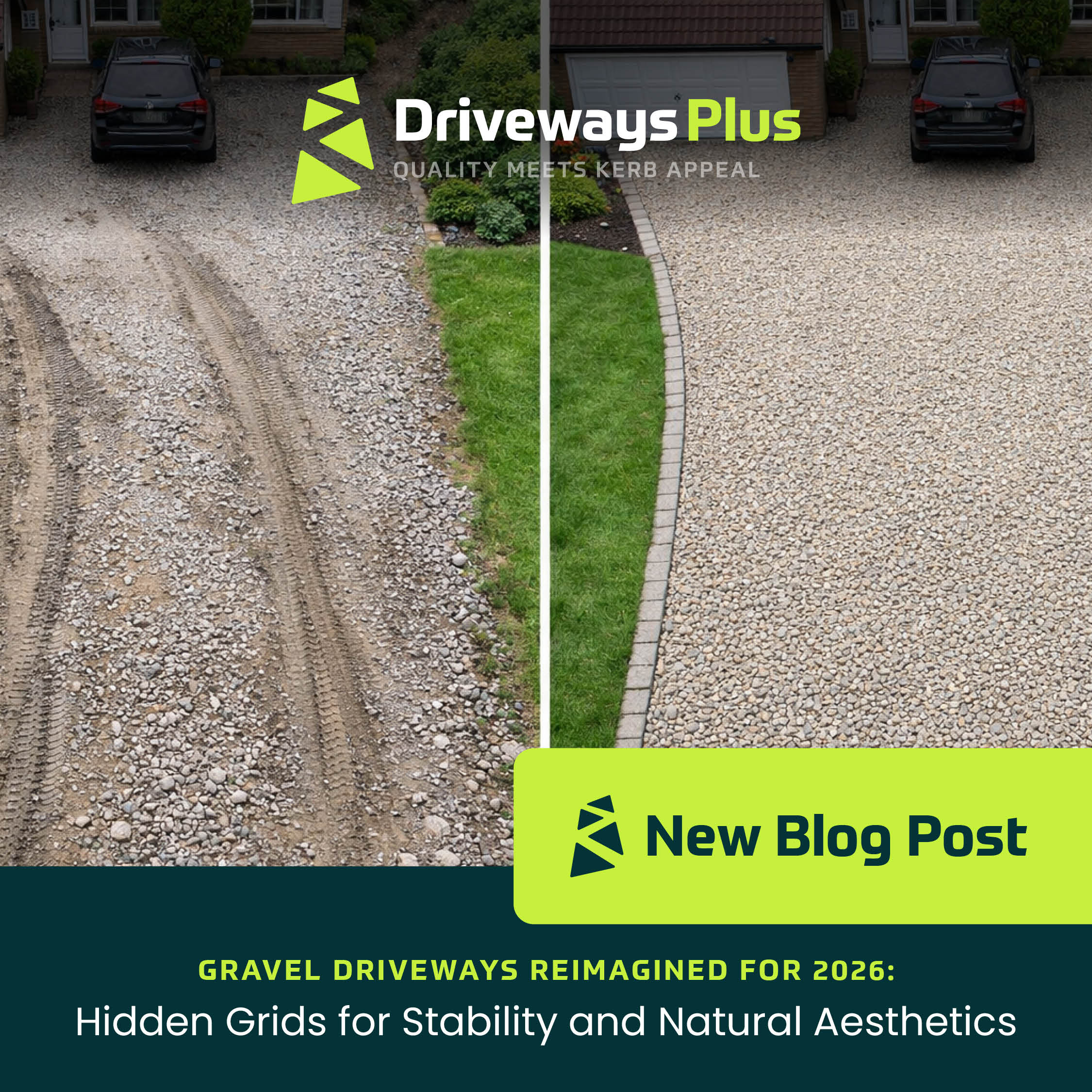 Split image showing a rough gravel driveway on the left and a neat, hidden grids-stabilised gravel driveway on the right. Text reads: "Driveways Plus. New Blog Post: Gravel Driveways Reimagined for 2026—embrace natural aesthetics. | Driveways Plus