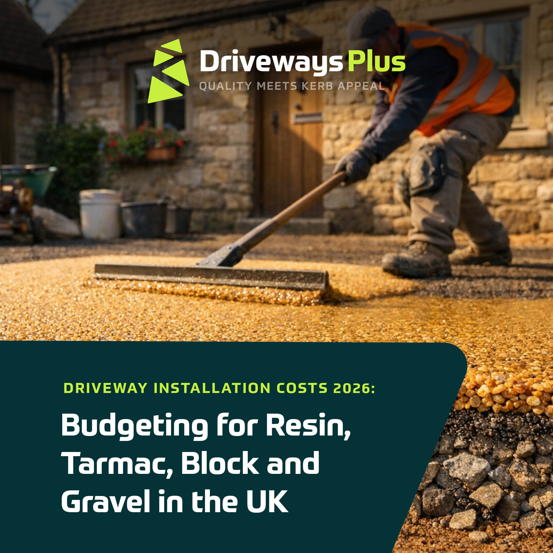 A worker levels resin stones on a drive outside a stone house. Driveways Plus logo and text read: “UK Driveway Installation Costs 2026: Budgeting for resin, tarmac, block and gravel, including Resin Driveway options.”. | Driveways Plus