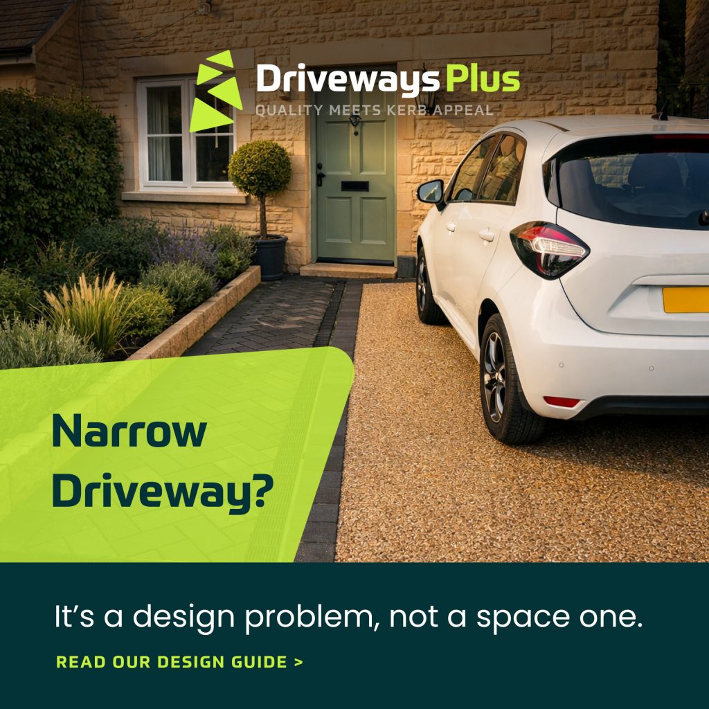 A white car is parked on a narrow gravel drive beside a house with a stone exterior and green front door. Text reads, "Narrow Driveway Design? It’s a design problem, not a space one. Read our design guide. | Driveways Plus