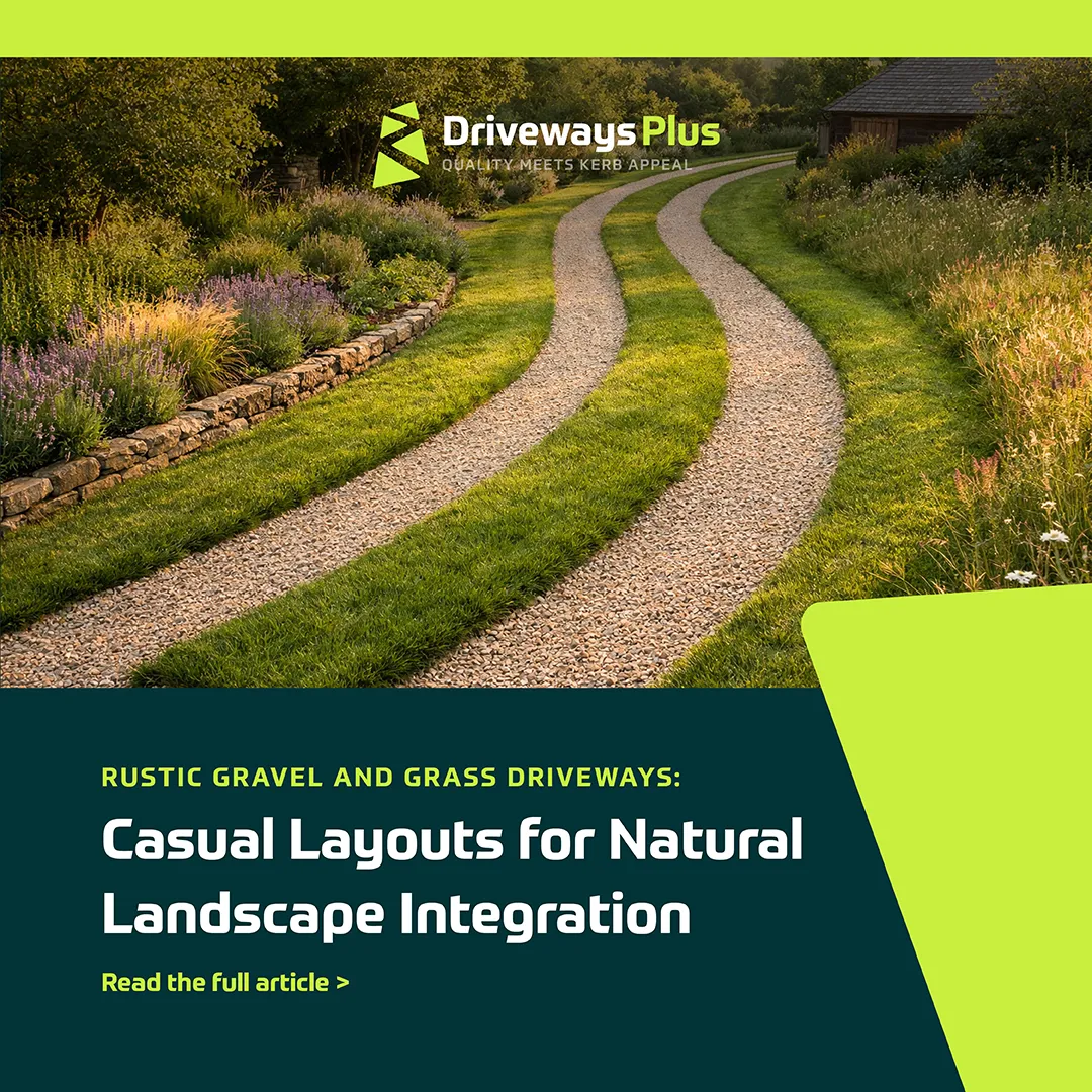 A curved gravel and grass drive winds through a lush, landscaped garden with flowering plants, shrubs, and trees. Driveways Plus highlights how gravel drives offer informal layouts that blend beautifully into the natural landscape. | Driveways Plus